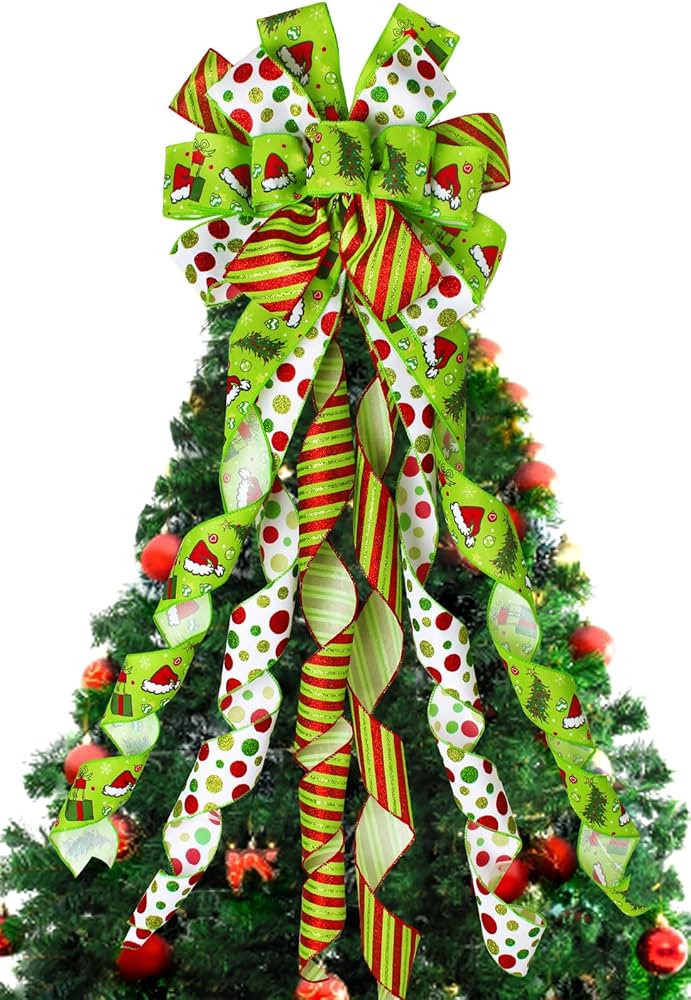 Christmas Tree Topper Bow Wreath, 44 x 13 Inches Large Green Bow Tree Topper,Christmas Wreath for... | Amazon (US)