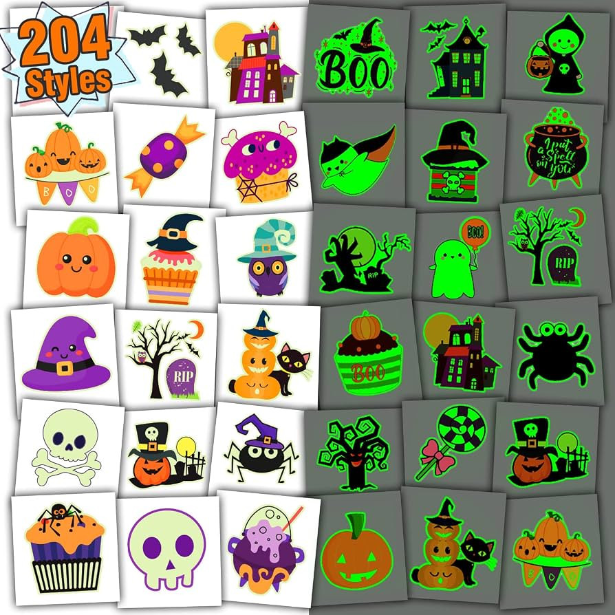 Partywind 204 PCS Individually Wrapped Sheets Glow Halloween Tattoos for Kids Party Decorations, ... | Amazon (US)