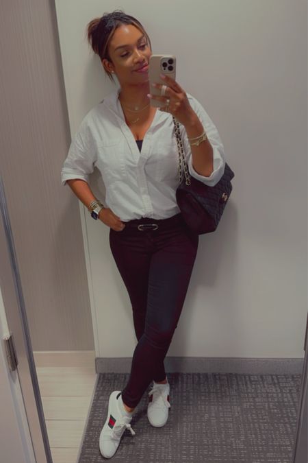 Work ootd, work style, travel outfit, travel, casual look, businesscasual, black jeans, black denim, madewell, jeans, white button up, white button down, casual look, Chanel bag, Apple Watch, Apple Watch band, sneakers, Gucci sneakers, white sneakers, white sneakers, outfit, Black jeans, outfit, fall outfit, spring outfit, dinner outfit,

#LTKstyletip #LTKtravel #LTKworkwear