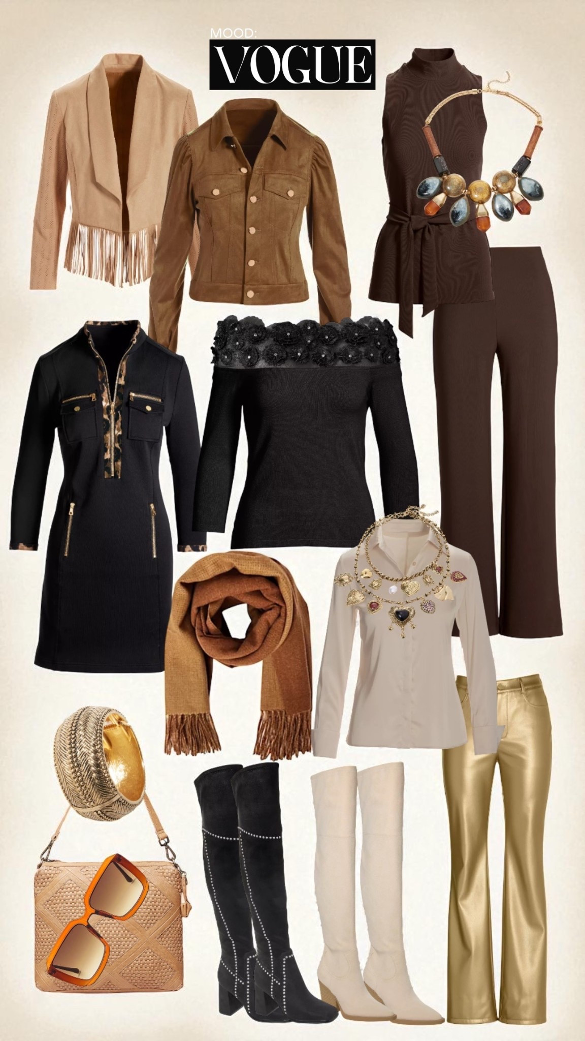 Step into fall with chic neutrals and luxe textures 🍂 This curated collection mixes warm camel tones, sleek black staples, and statement accessories that elevate any outfit. From suede jackets and fringe detailing to bold gold pants and over-the-knee boots, every piece is designed to transition seamlessly from day to night. Add layered jewelry, oversized sunnies, and a cozy scarf for that perfect autumn finish. 🍁🤎

#LTKstyle #LTKseasonal #LTKfall #LTKtrends #LTKfashion #LTKaccessories #LTKboots #LTKjewelry #LTKunder100 #LTKsalealert #fallstyle #falloutfitinspo #fallfashiontrends #neutralstyle #chicandclassy #overkneeboots #suedeszn #falllayering #statementnecklace #fallcapsulewardrobe
