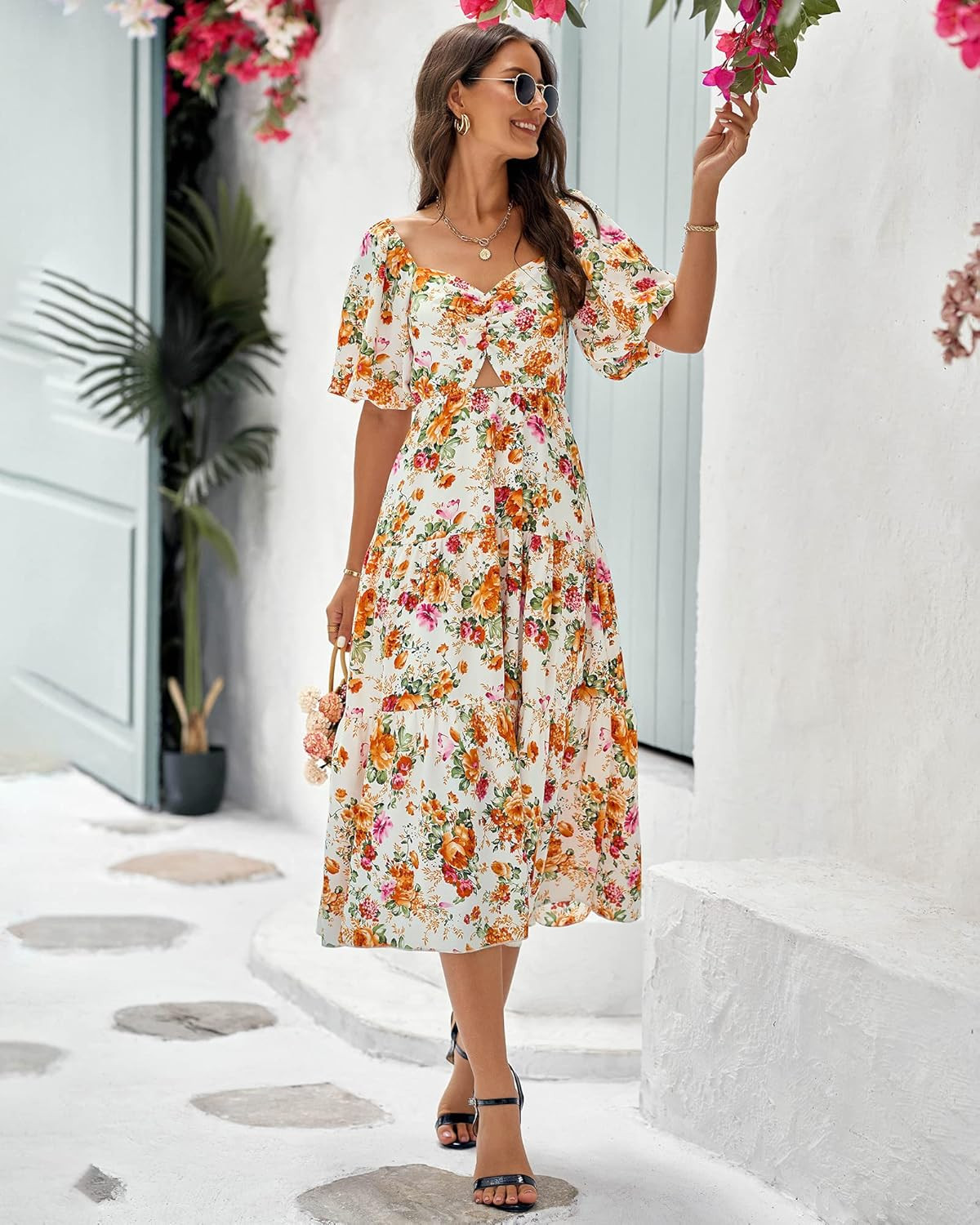 BTFBM Women Summer Dresses 2023 Casual Flowy Beach Square Neck Puff Short Sleeve Smocked Back Boh... | Amazon (US)