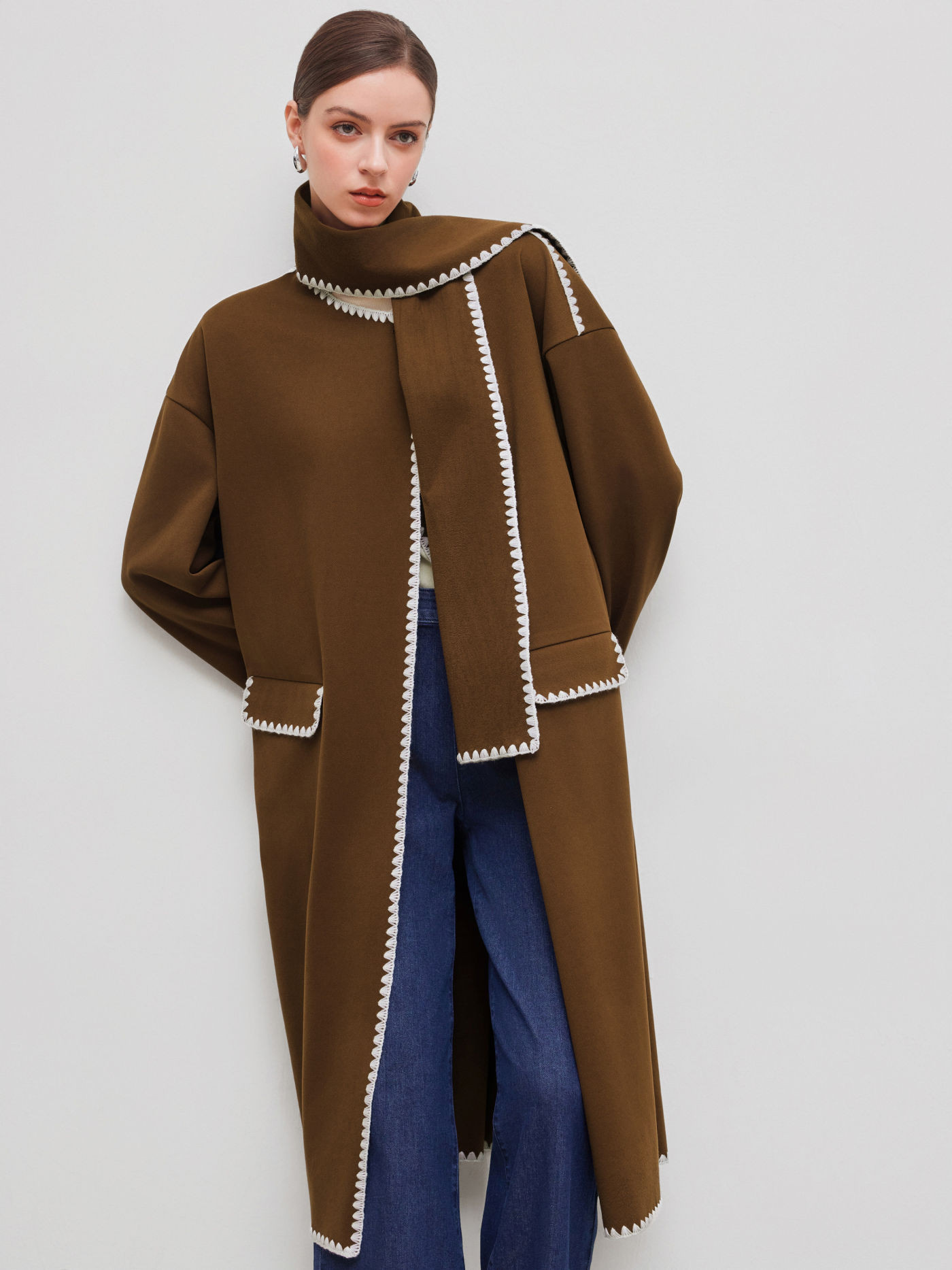 Wool-like fabrics Wool-like Round Neckline Solid Contrasting Binding Coat With Scarf For Work | Cider