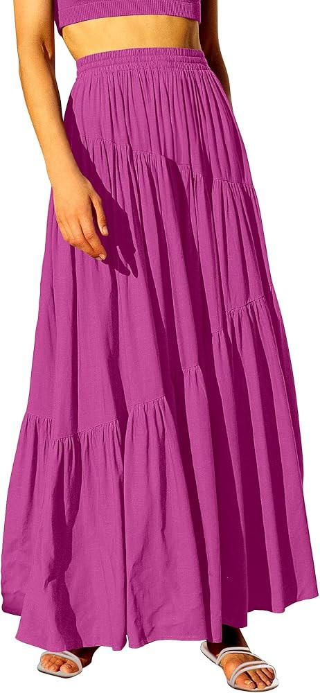 ANRABESS Women’s Boho Elastic High Waist Pleated A-Line Flowy Swing Asymmetric Tiered Maxi Long... | Amazon (US)