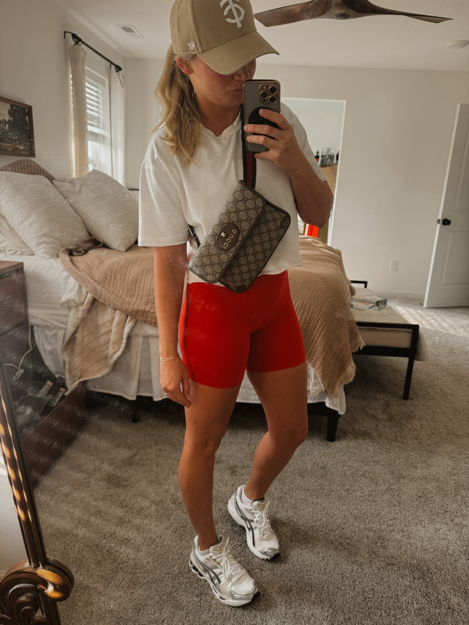 Causal outfits, shorts, women’s, red, Gucci belt bag, purse, asics, socks, hat, mom, workout, sports, cropped t shirt, white t shirt, biker shorts, long shorts. 

#LTKSummerEdit #LTKShoeCrush #LTKActive