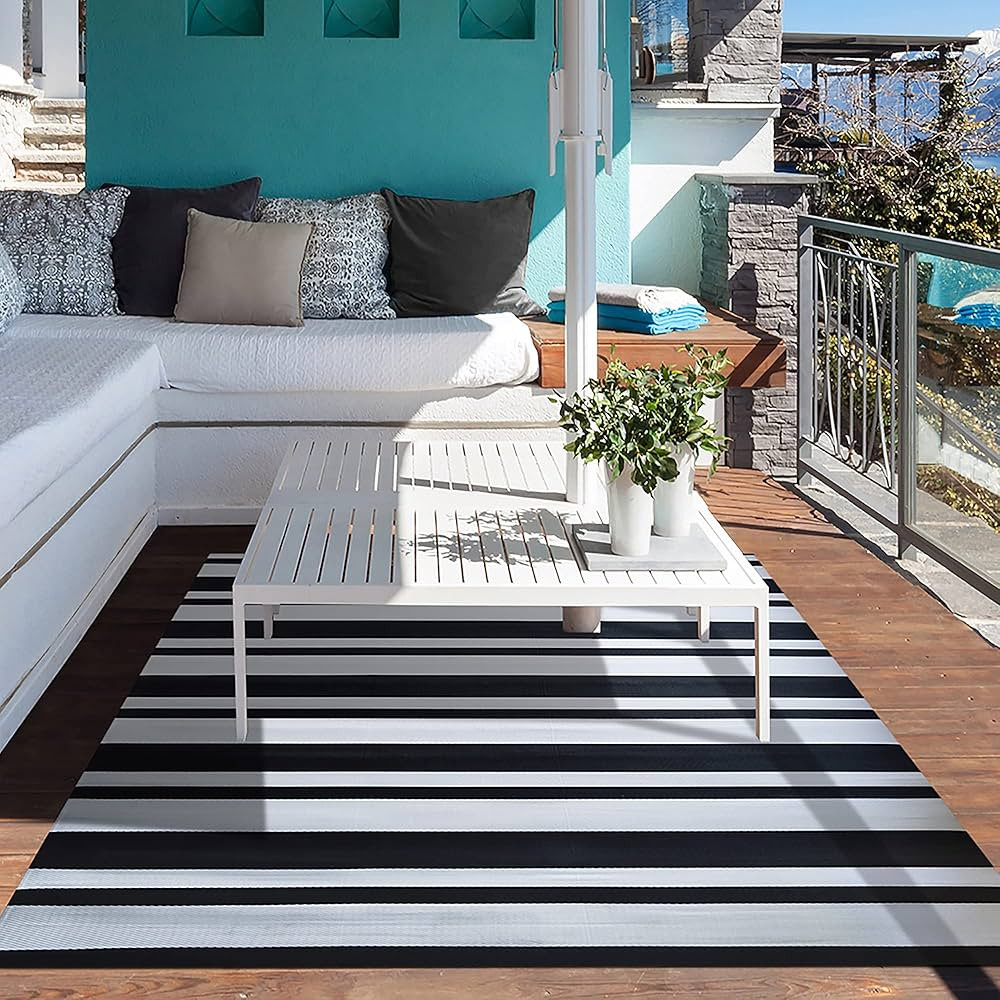 ICustomRug Outdoor Rug Mat- Classic Stripe Black and White 6'X9' Reversible Picnic and Beach Area... | Amazon (CA)