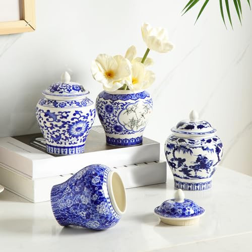 Hushee Small Blue and White Ceramic Ginger Jars Blue Chinoiserie Decor Vases Porcelain Ginger Jars Porcelain Vases for Home Chinoiserie Decor for Bedroom Table Accent Shelf Tabletop(Retro,4 Pcs) | Amazon (US)