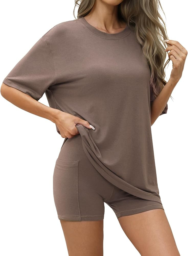 Womens 2 Piece Outfits Oversized T-shirts and Biker Shorts Soft Loungewear Sets with Pockets Comf... | Amazon (US)