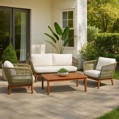 4 Piece Patio Sofa Set With Acacia Wood Base & Matching Table | Wayfair North America