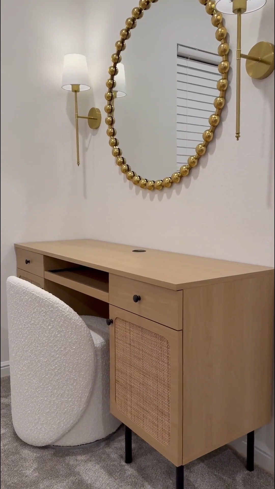 We found it! 😊 - The perfect desk  for smaller spaces….🤎 

It measures 55.5 inches in width & the wall is 57 inches. The mirror is 36x36 inches & the sconces are battery operated making them convenient to place anywhere! 🎉 …. Excited to share the rest of the room as we put it together 😊

#LTKStyleTip #LTKSaleAlert #LTKHome