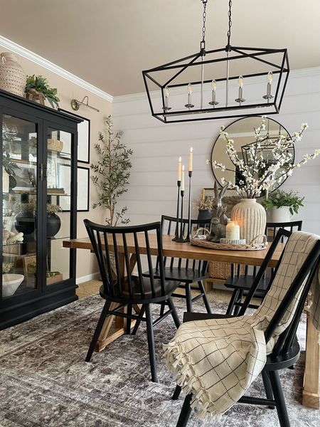 Dining Room View. Follow @farmtotablecreations on Instagram for more inspiration. Olive Tree on Sale. Use code GREEN for 30% off  Joanna Gaines Loloi Rug. Dining Table. Dining Chairs. Dining Room Light. Spring Centerpiece. 

#LTKunder50 

#LTKsalealert #LTKhome