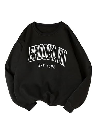 COZYEASE Women's Letter Graphic Print Crewneck Sweatshirt Casual Long Sleeve Drop Shoulder Pullover Tops Black Graphic S | Amazon (US)