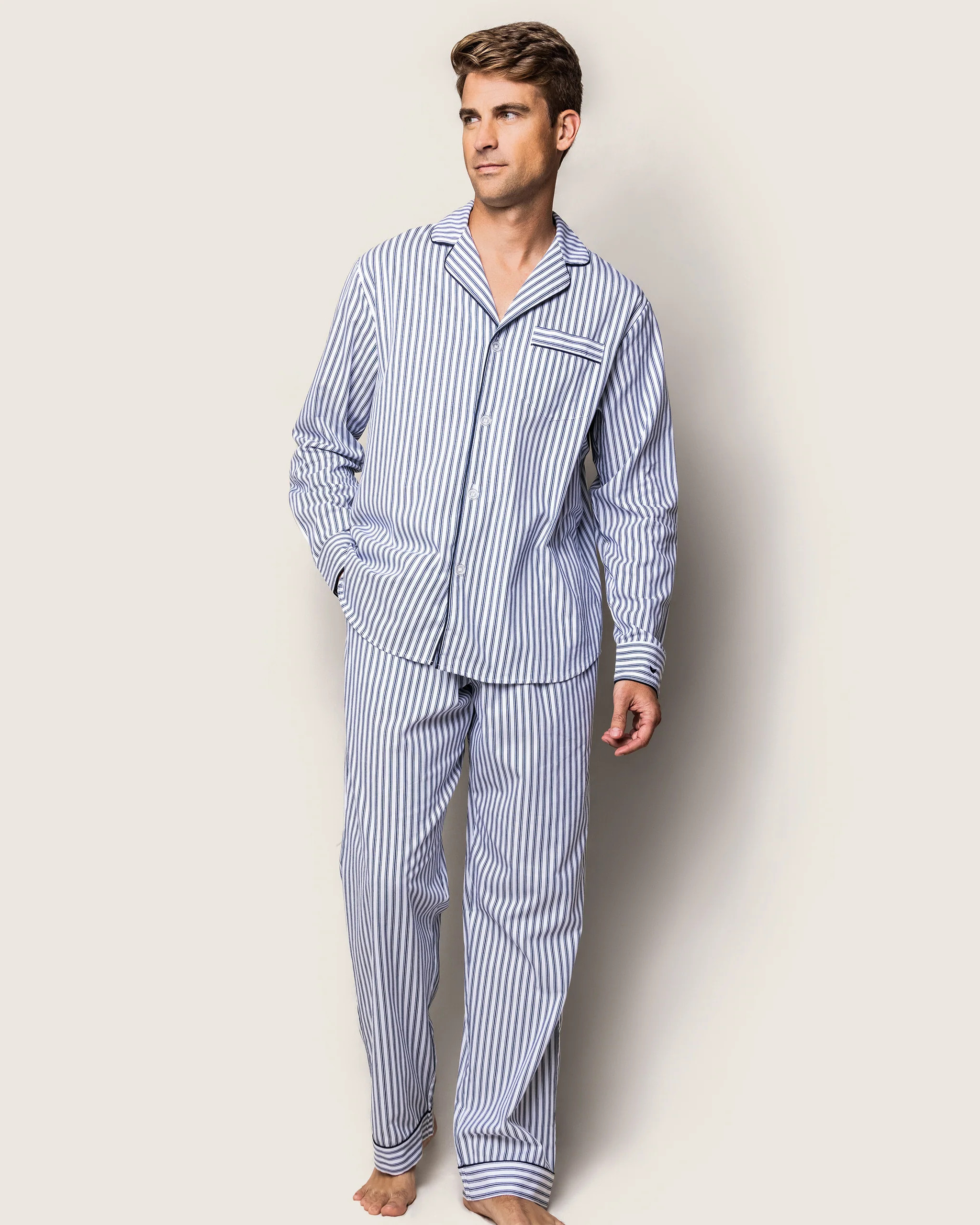 Men's Twill Pajama Set in Navy French Ticking | Petite Plume