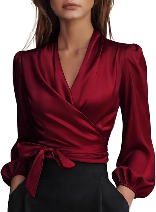 Melliflo Womens Tie Waist Satin Blouse Elegant Wrap V Neck Puff Long Sleeve Silk Shirt Dressy Cas... | Amazon (US)