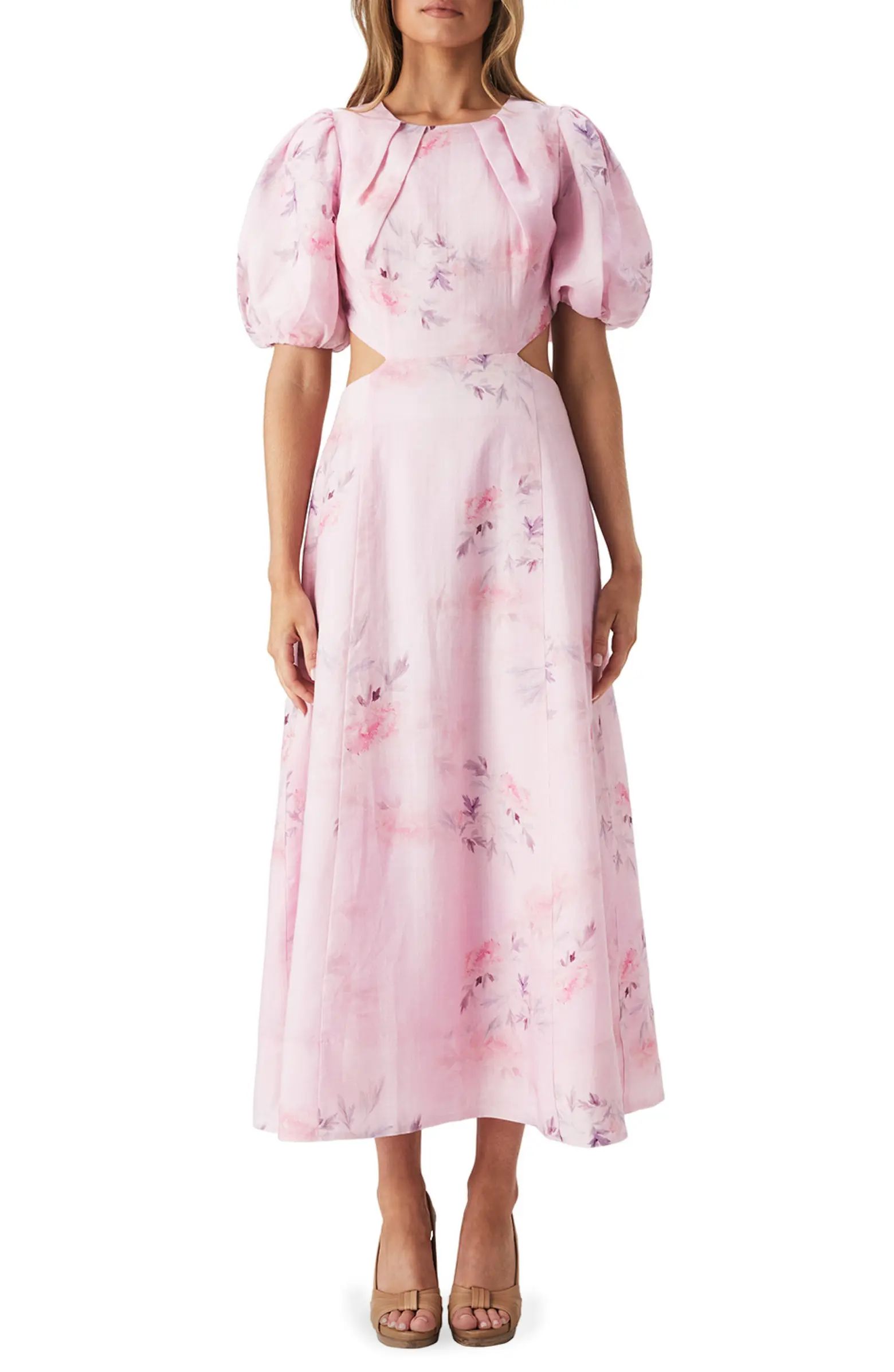 Malina Floral Cutout Puff Sleeve Midi Dress | Nordstrom