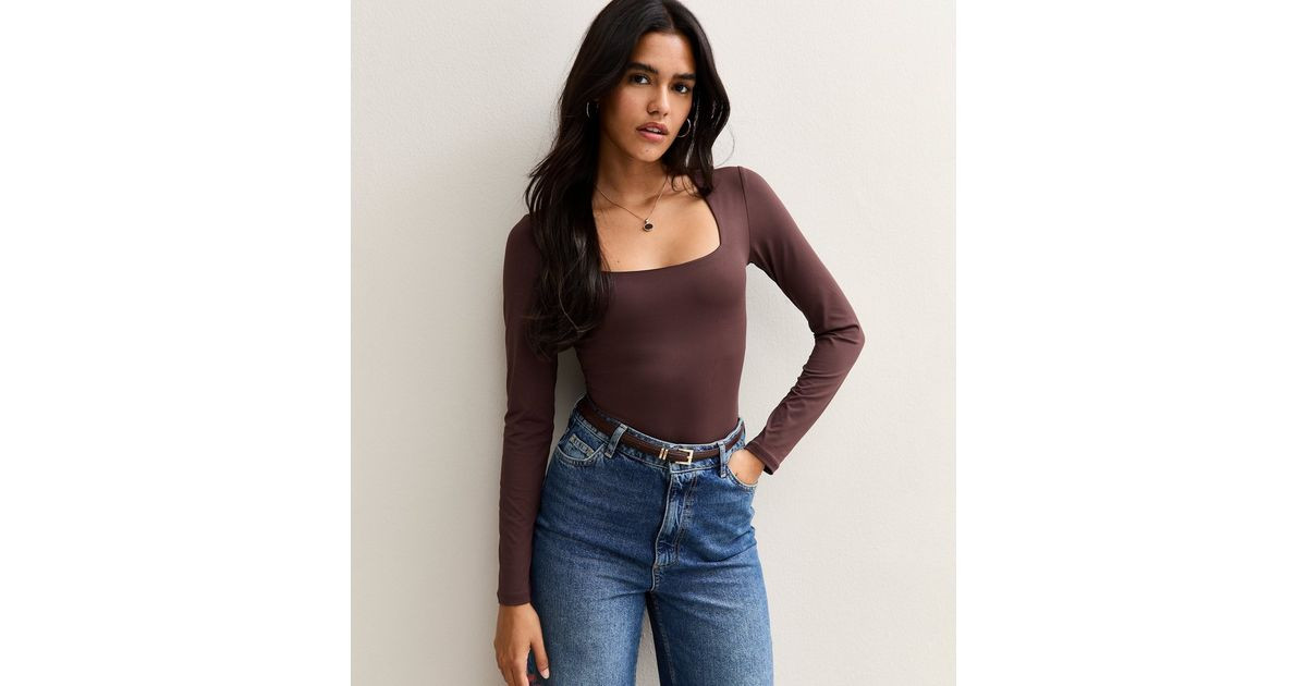 Burgundy Slinky Square Neck Long Sleeve Bodysuit | New Look | New Look (UK)