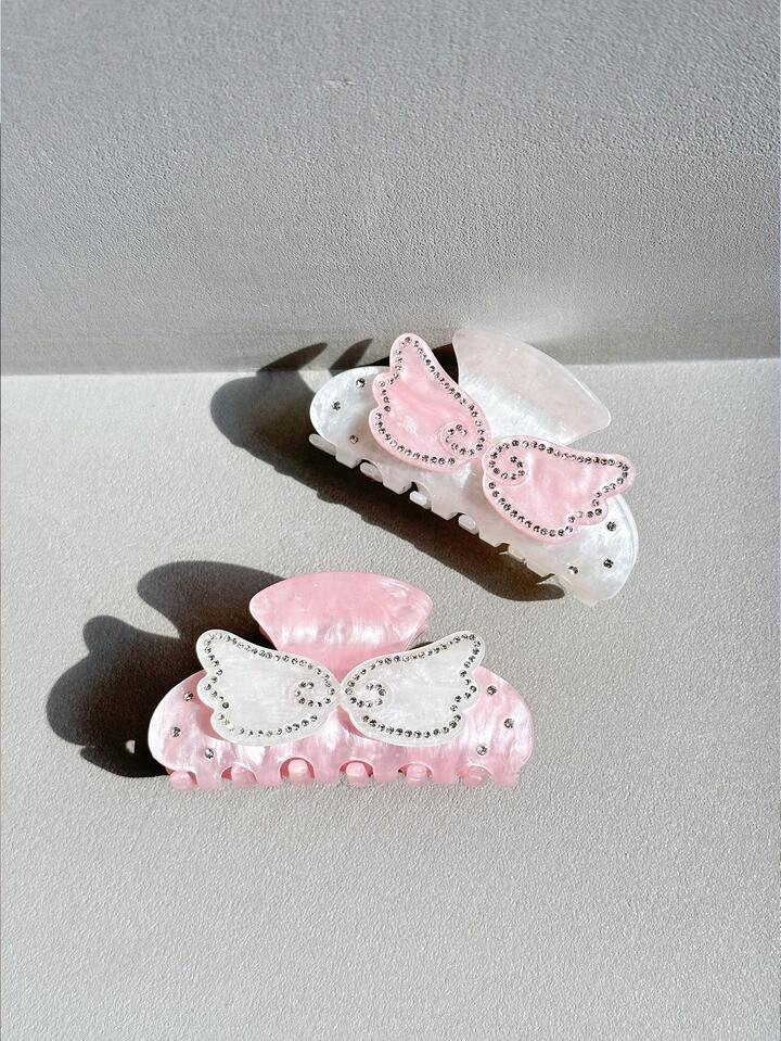 OUSEON Pink Angel Wings Rhinestone Hair Claw Clip With Water Ripple Design, Sparkling Boho Barret... | SHEIN