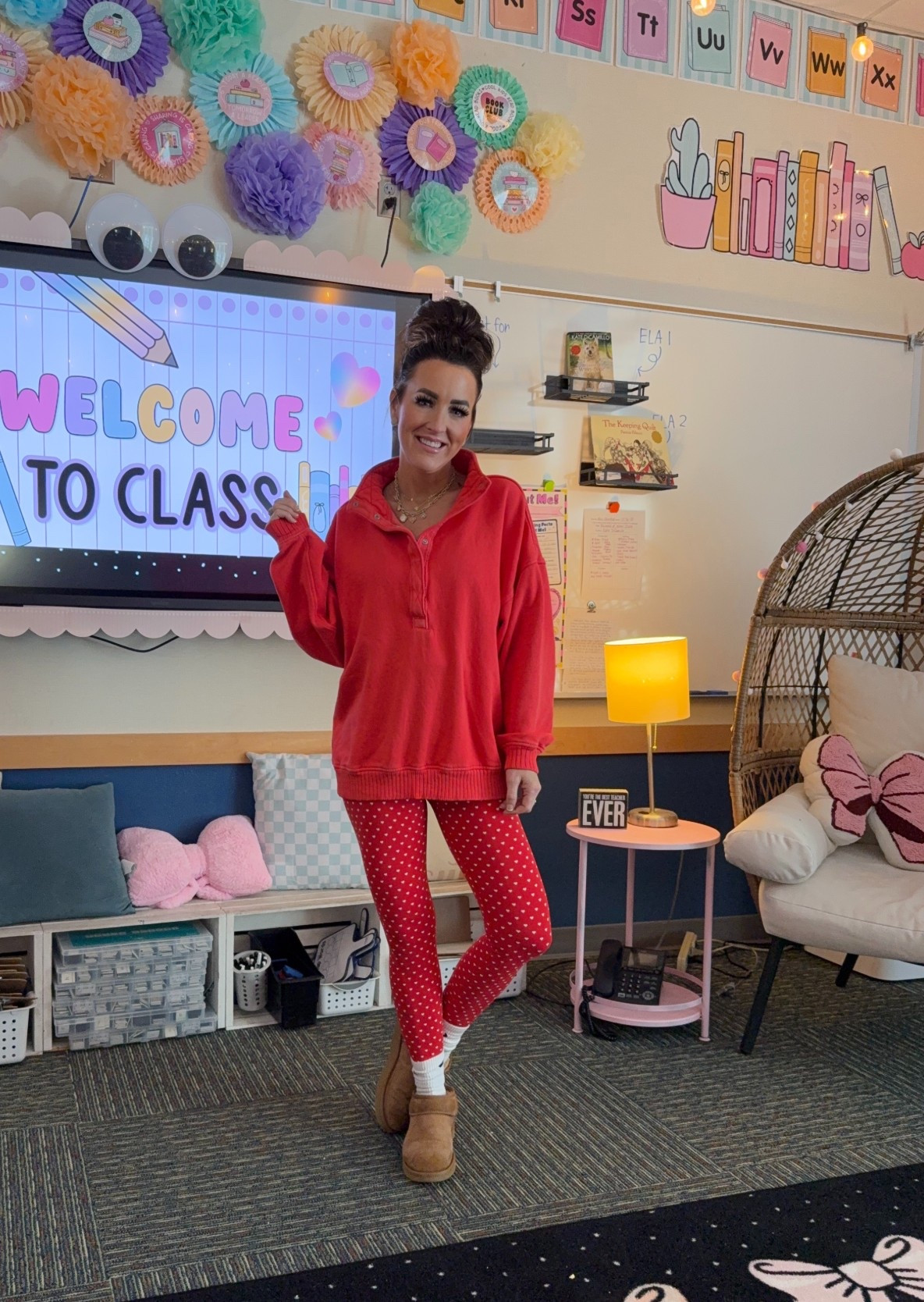 Having a monochrome moment ❤️ these leggings are SO soft, have tiny pink hearts, and a high crossover waist with scallop detail! On sale through 1/10! 

Oversized red quarter zip pullover, soft fleece sweatshirt, red heart leggings, stretchy leggings with hearts, cozy winter teacher outfit, classroom outfit idea, Valentine’s Day teacher outfit, UGG style slippers, cozy slippers, white crew socks, comfy school outfit, elementary teacher style, teacher leggings outfit, casual teacher look, comfy but cute teacher outfit, aerie oh snap, target style 

#LTKOver40 #LTKmomlife #LTKootd