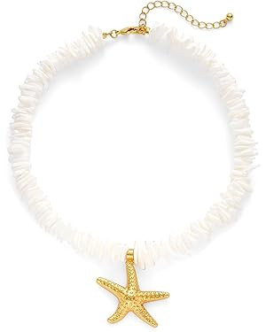 Starfish Pendant Puka Shell Necklace, Natural Seashell Surfer Clam Chips Necklace for Women, Hawa... | Amazon (US)