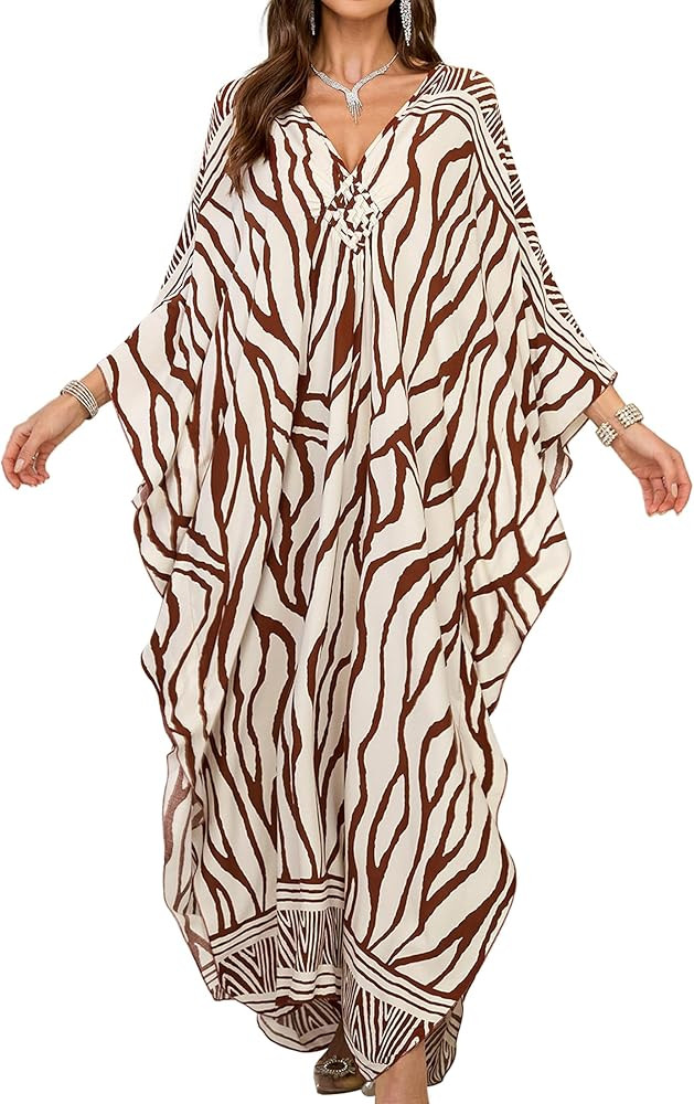 Women Kaftan Dresses Plus Size V-Neck Batwing Sleeves Beach Cover Up 2025 Summer Floral Print Caf... | Amazon (US)