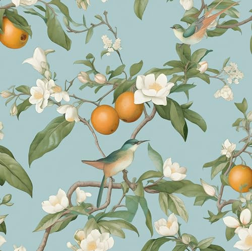 Blue Bird Wallpaper Peel and Stick, Vintage Floral Lemon Fruit Contact Paper, Self Adhesive Removable Retro Botanical Wall Paper Mural for Room Walls Shelves Cabinet Table Drawer Decor 17.5" x 78.7" | Amazon (US)