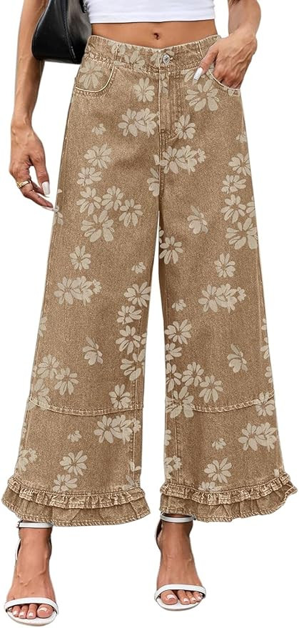 CHARTOU Women Y2k Crop Ruffle Hem Wide Leg Jeans Baggy Floral Print Patchwork Ankle Denim Pants w... | Amazon (US)