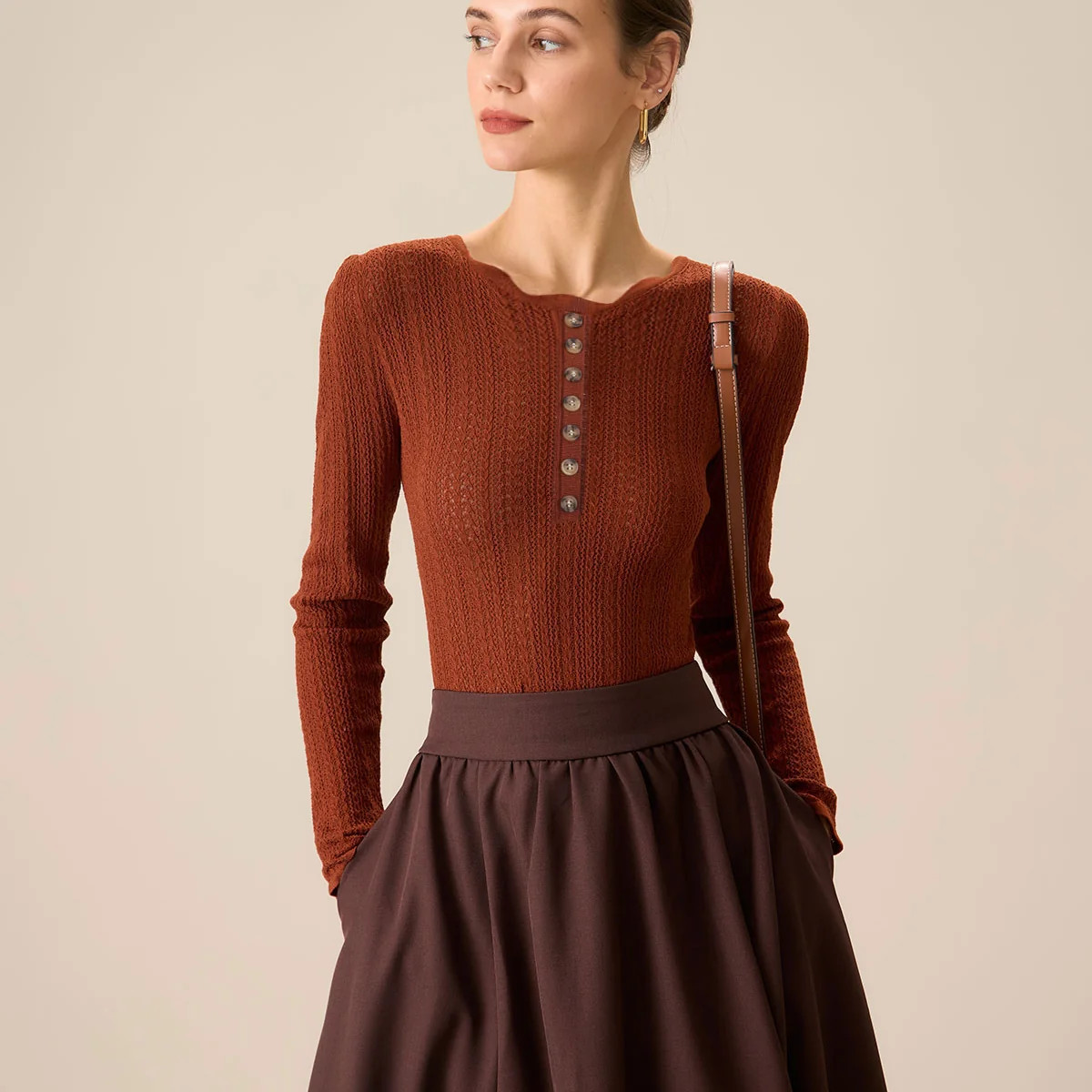 Women's Brown Round Neck Slim Sweater & Reviews - Brown - Tops | RIHOAS | rihoas.com