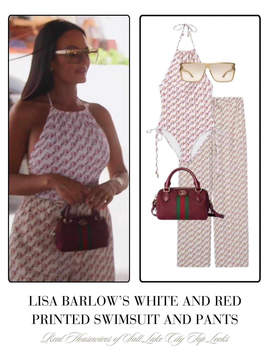 Lisa Barlow’s White and Red Printed Swimsuit and Pants. Sold out by Gucci 