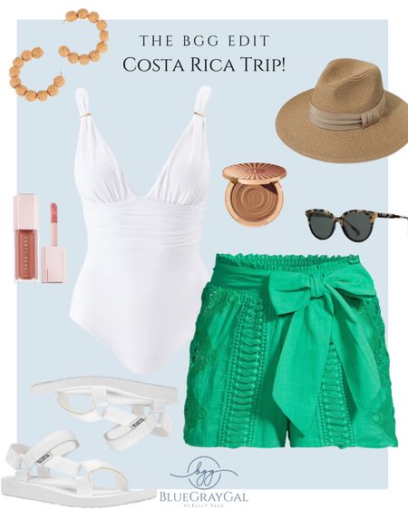 Easy tropical beach vacation outfit idea! These Ramy Brook green shorts are so cute to sit poolside with - pair with a deep v white bathing shirt, rattan hoop earrings, straw hat and this bronzing lipgloss. Wear white Teva sandals keeping your feet safe walking on the beach or on summer hikes  

#LTKtravel #LTKswim #LTKshoecrush