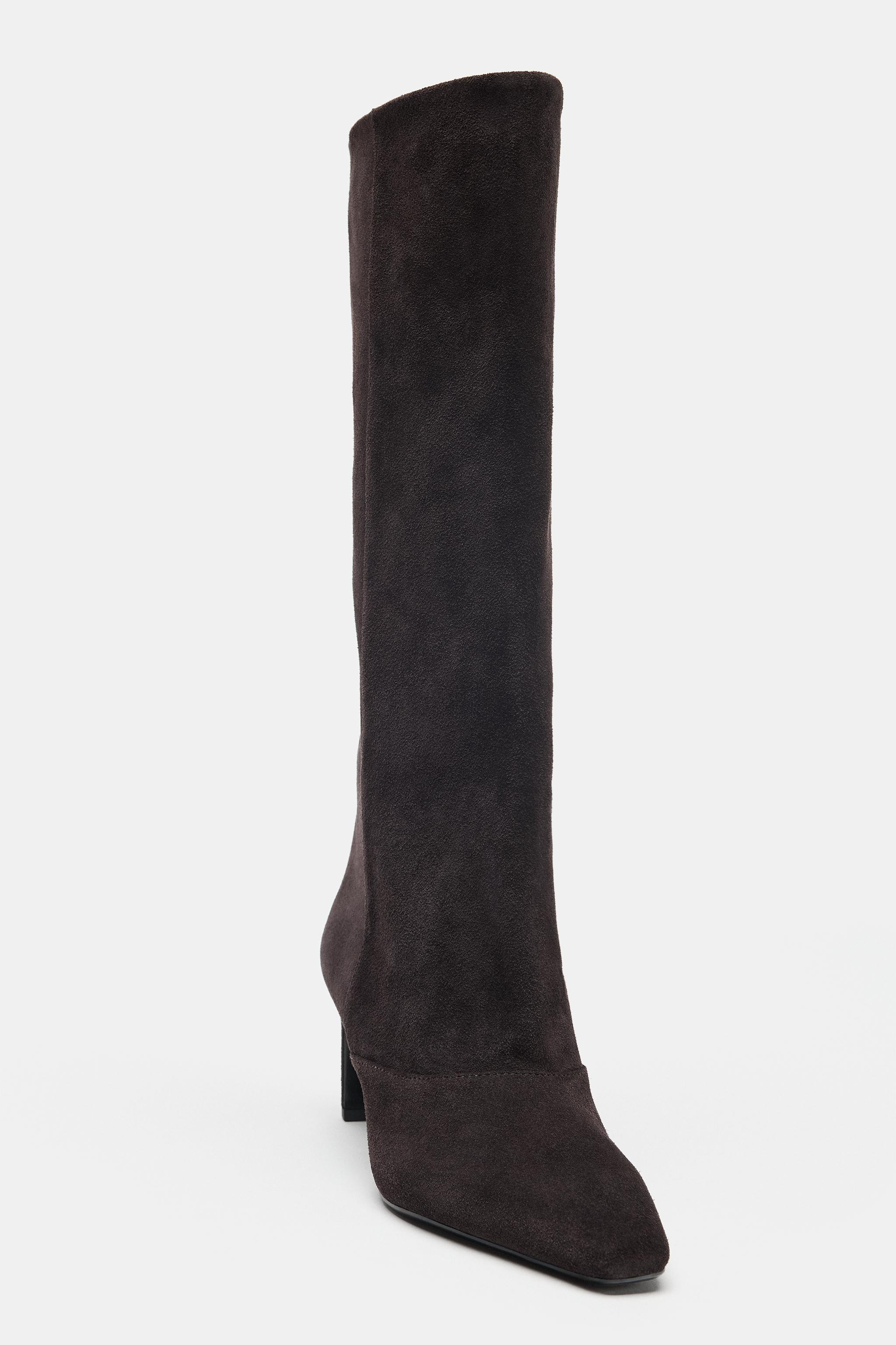 Suede heeled boots. Topstitching detail on the upper. Easy pull-on style. High shaft. Mid-height ... | Zara US