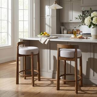 Grylo Modern 26.3 in. H Ivory Fabric Upholstered Counter Barstools with Walnut Finish Solid Wood Frame, Set of 2 | The Home Depot