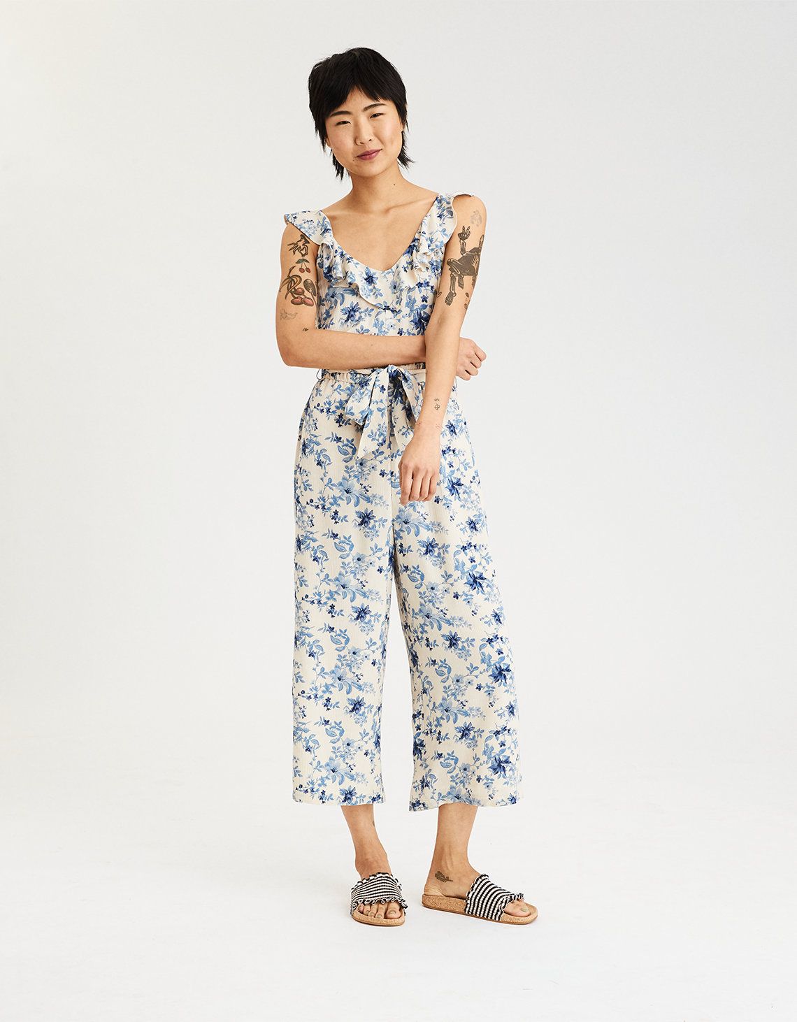 AE Ruffle Culotte Jumpsuit, Cream | American Eagle Outfitters (US & CA)