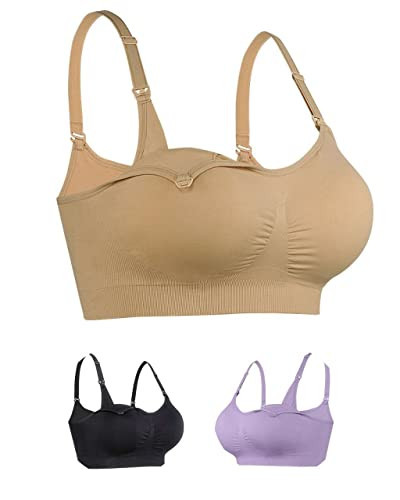 iloveSIA Nursing Bras for Breastfeeding, Seamless Supportive Padded Bra for Pregnancy, Comfy Women Sleep Bralette for Mom Maternity Postpartum Full Coverage Black Purple Nude Size M | Amazon (US)