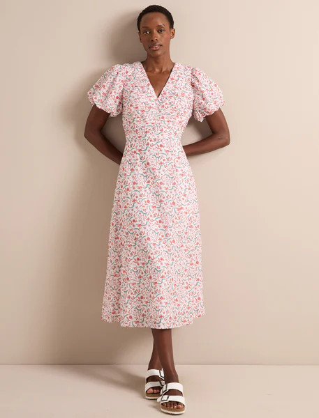 Elisa Silk Blend Midi Dress - Red Trailing Feather Print | Cefinn