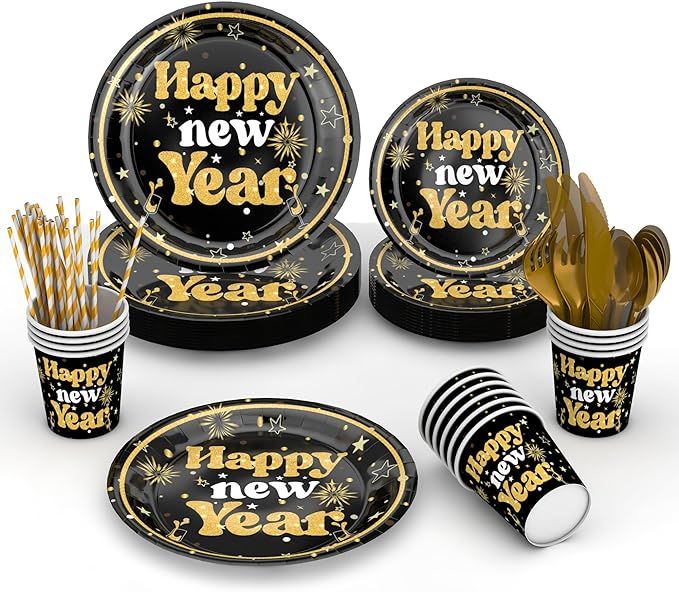 AUSHENKE New Years Eve Party Supplies - Black Gold New Year Dishware Plates for New Years Party D... | Amazon (US)