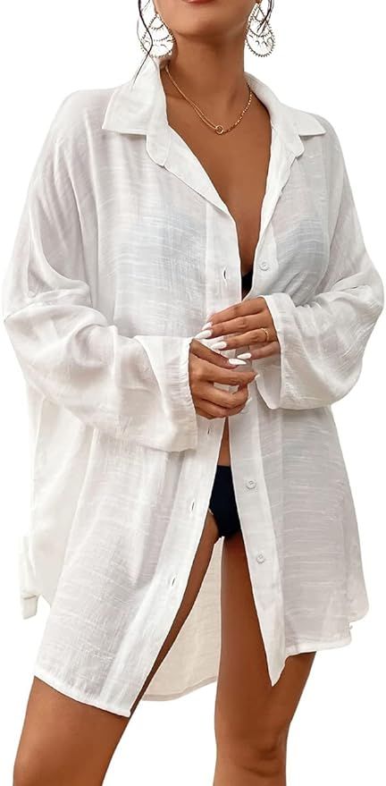 Bsubseach Women 2023 Swimsuit Cover Up Button Down Beach Shirt Blouse Tops | Amazon (US)