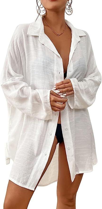 Bsubseach Women 2023 Swimsuit Cover Up Button Down Beach Shirt Blouse Tops | Amazon (US)