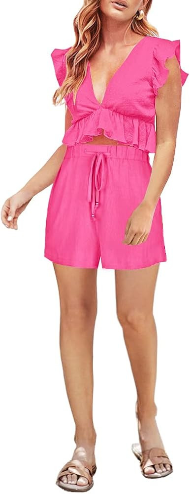 FANCYINN Womens Two Pieces Vacation Outfits Deep V Neck Ruffles Crop Top Drawstring Shorts Set | Amazon (US)