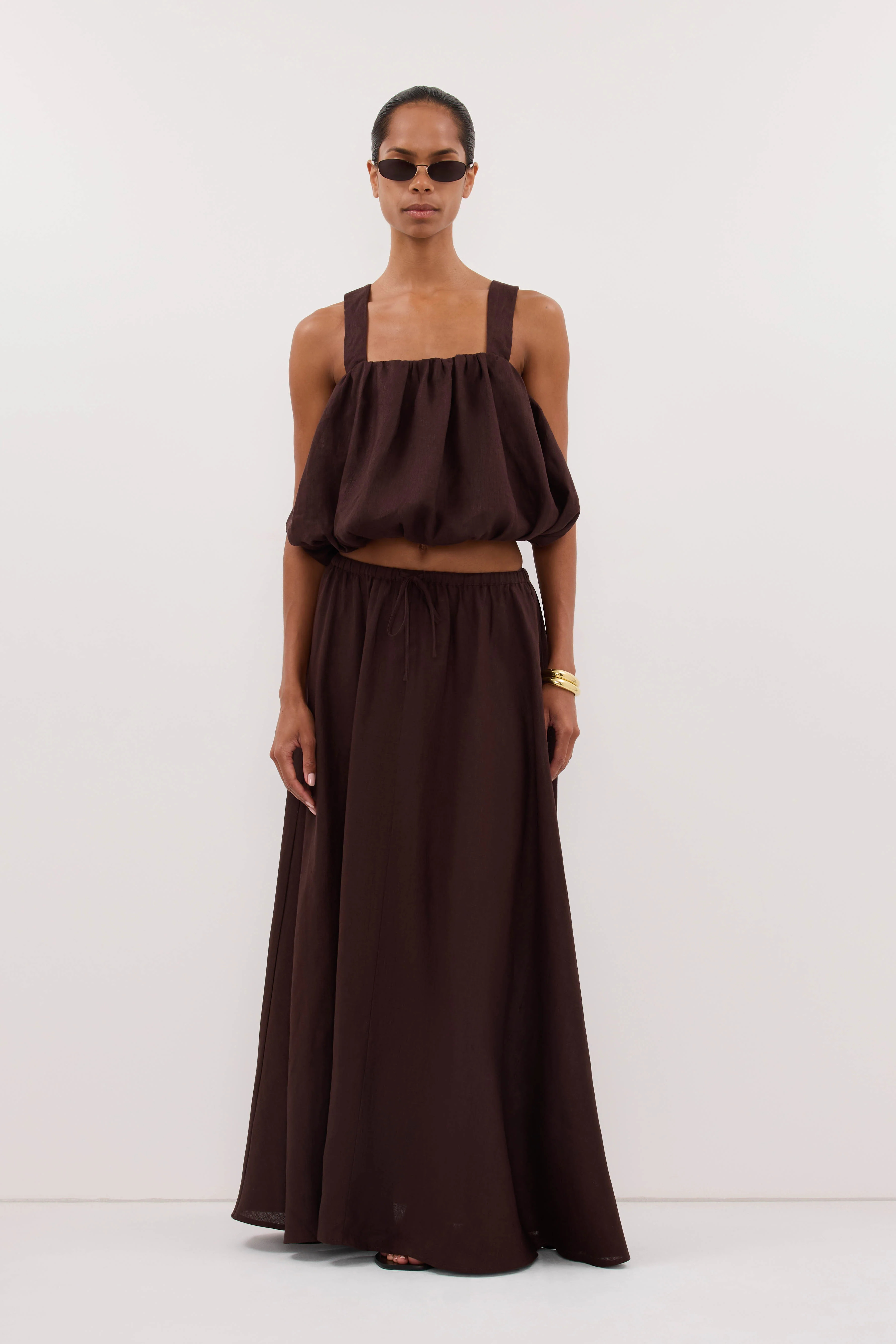 RAVELLO BURNT CHOC LINEN BUBBLE TOP | DISSH