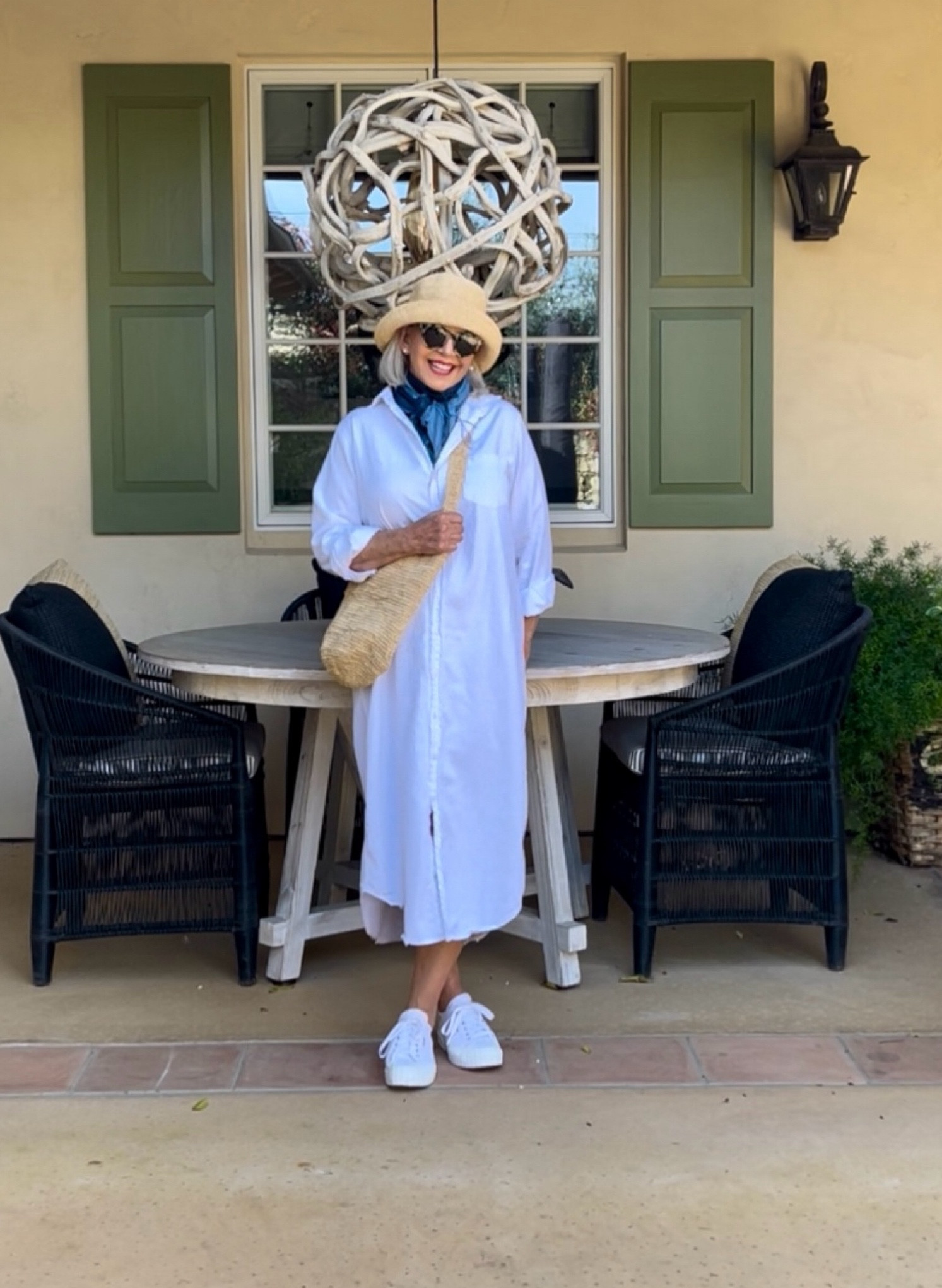 White denim midi shirt dress with blue scarf straw hat, bag and white sneakers

#whitesneakers #shirtdress

#LTKover40 #LTKtravel #LTKSeasonal