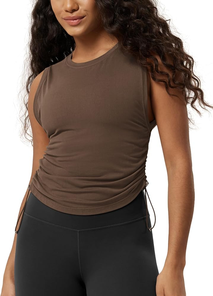 ODODOS Women's Side Ruched Muscle Tee PeachSoft Sleeveless Shirts Crew Neck Tank Tops | Amazon (US)