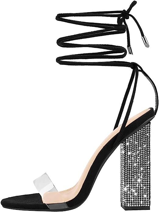MissHeel Rhinestone Chunky Heel Sandals Lace Up | Amazon (US)