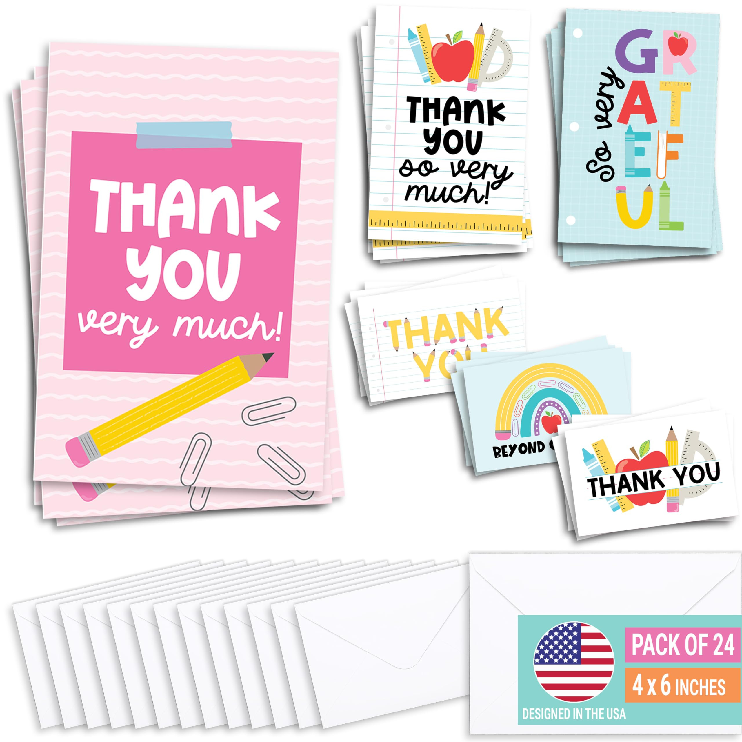 Hadley Designs 24 Teacher Appreciation Cards in Bulk – 6 Assorted Cute Teacher Thank You Cards ... | Amazon (US)