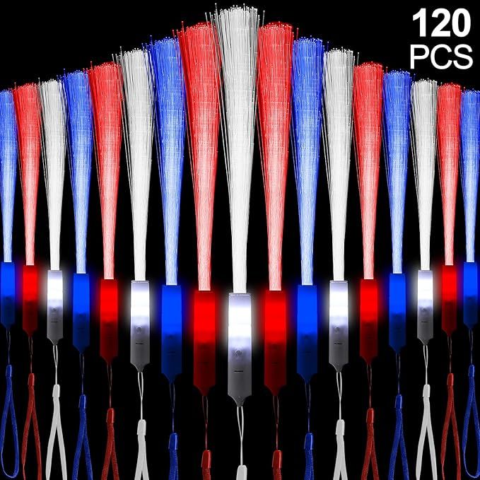 Kittmip 4th of July Party Favor Bulk Fiber Optic Wand Glow Sticks LED Light Wands with 3 Light Mo... | Amazon (US)