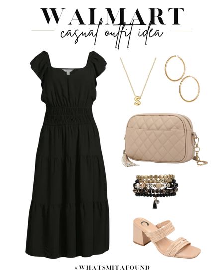 Walmart outfit idea, summer outfit idea, casual outfit idea, date night outfit idea, black sundress, trendy sundress, black midi dress, black maxi dress, trendy sundress, summer sundress, heeled sandals, nude sandals, nude heeled sandals, block heels, nude purse, quilted purse, crossbody purse, beaded bracelet set, boho bracelets, bubble initial necklace, inutile necklace, gold hoops 

#LTKFindsUnder50 #LTKItBag #LTKShoeCrush