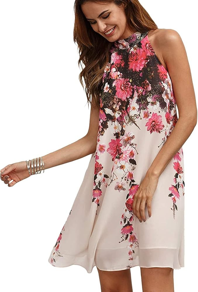 Floerns Women's Summer Floral Print Sleeveless Halter Neck Beach Party Dress | Amazon (US)