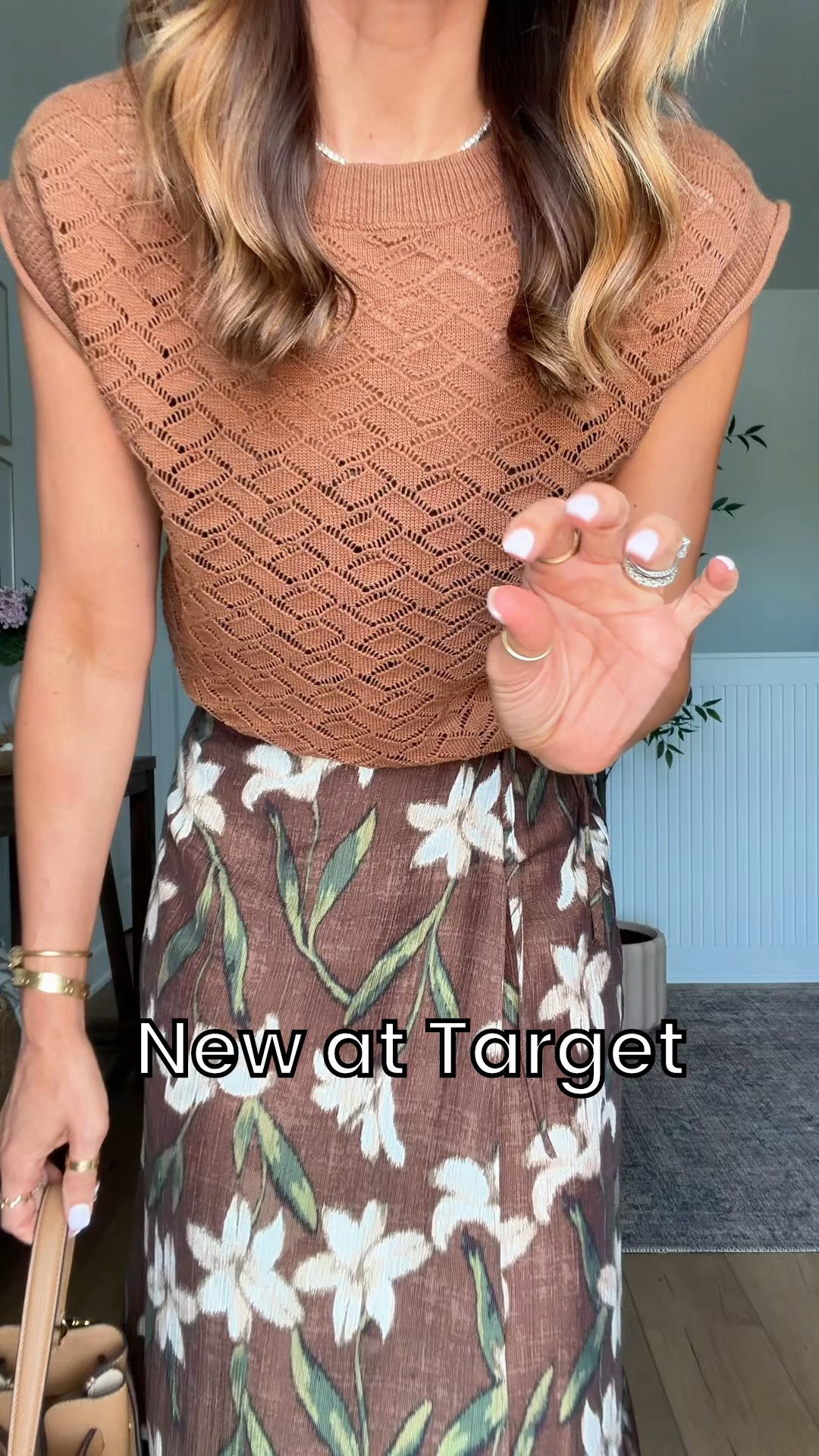 New Target arrivals for summer and early fall! Teacher outfit. Elevated casual outfit. Summer outfit. Fall outfit. Business casual outfit. Sweater top in XS. Floral skirt in XS. Jelly sandals. tory Burch Romy bucket bag. **Top is an open stitch so I have a tank top underneath.

#LTKootd #LTKPetite