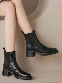 Fall/Winter Chelsea Boots For Women, Leather Upper, Chunky Heels, Square Toe, French Vintage Styl... | SHEIN