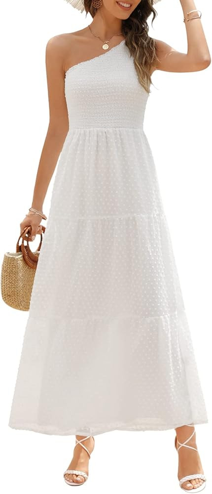 Zattcas Womens Summer Swiss Dot One Shoulder Sleeveless Smocked Tiered Beach Party Long Maxi Dres... | Amazon (US)