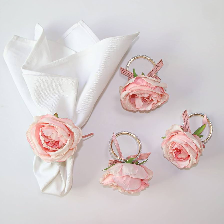 Getfitsoo Pearl Napkin Rings Set of 6, Rustic Rose Napkin Rings Flower Dinner Napkin Holder for M... | Amazon (US)