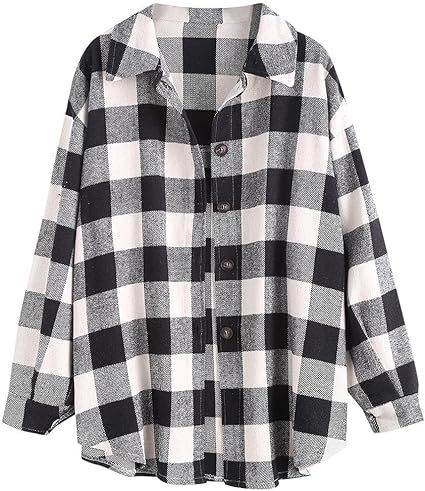 ZAFUL Women's Plaid Shirt Button Down Wool Blend Thin Jacket Long Sleeve Casual Blouse Tops with ... | Amazon (US)
